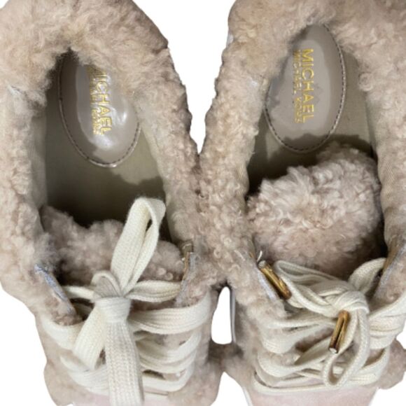 Michael Kors Women’s Poppy Suede Shearling Lace-Up Ivory Tan Sneakers Size 7.5 - Picture 3 of 12